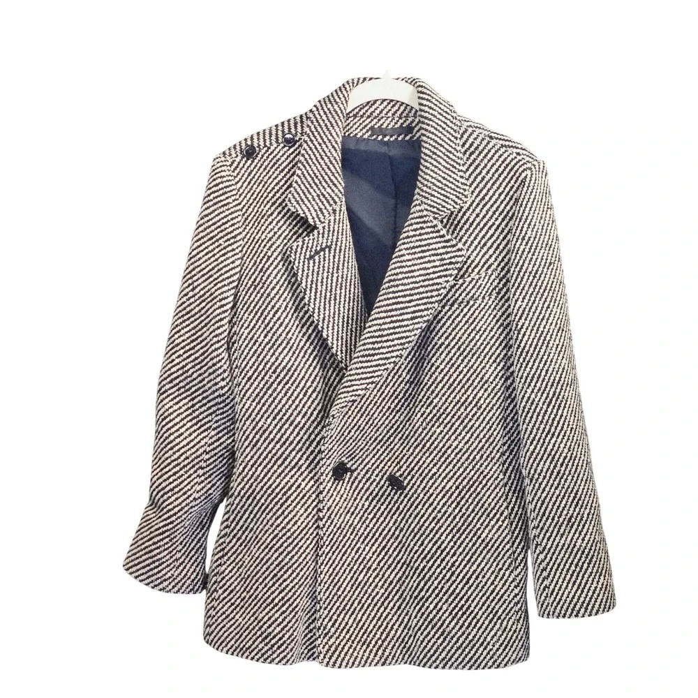 Vintage Womens‎ Gray Herringbone Double Breasted Blazer Jacket 46R Dark Academia